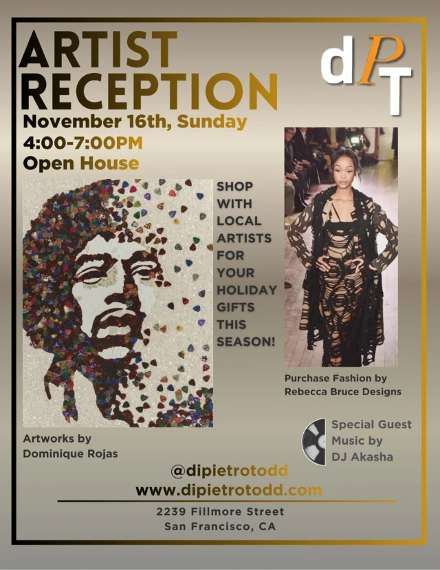 🗓️ Mark your calendars everyone!! 
.
Join us on Sunday, 11/16/25 at our Pacific Heights location! It is sure to be a beautiful evening with Art by @dominiquerojasart and fashion for purchase by @rebeccabrucedesigns 💃💃💃

#artistreception  #makeartnotwar #dominiquerojasart #rebeccabrucedesigns #shoplocalartists #djakasha #dptadt #fillmorestreetsf #sanfrancisco #bayareaartists #salonlife #dptsalon #shoplocal #partlymagicpartlylogic